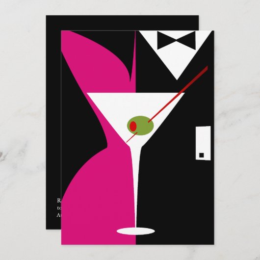 Fuchsia en Zwarte Klasse Martini Cocktail Kaart (Voorkant / Achterkant)