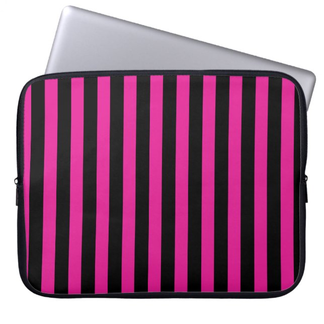 Fuchsia en zwarte snoepjes strepen laptop sleeve (Voorkant)