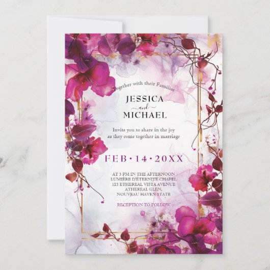 Fuchsia Enchantment: Waterverf bruiloft Kaart (Voorkant)
