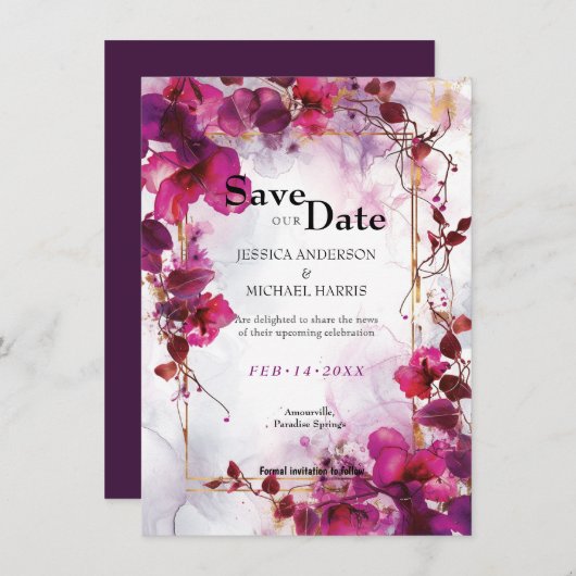 Fuchsia Enchantment: Waterverf bruiloft Save The Date (Voorkant / Achterkant)