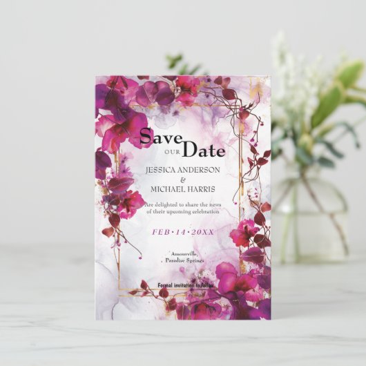 Fuchsia Enchantment: Waterverf bruiloft Save The Date (Staand voorkant)