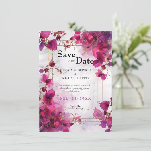 Fuchsia Enchantment: Waterverf bruiloft Save The Date (Staand voorkant)