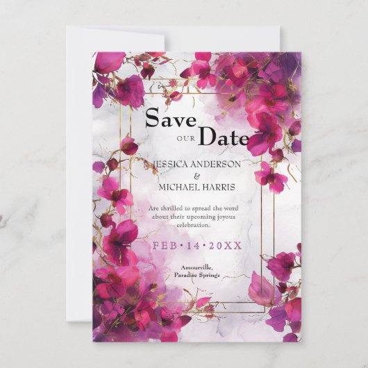 Fuchsia Enchantment: Waterverf bruiloft Save The Date (Voorkant)
