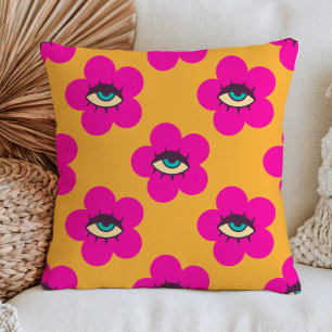 Fuchsia Evil Eye Madeliefjes Bloemen op Gele Retro Kussen