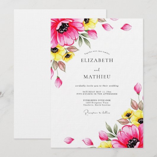 Fuchsia Fantasie Bloemige Bruiloft Kaart (Voorkant / Achterkant)