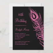 Fuchsia Feathers Sweet 16 Birthday Invitation Kaart (Voorkant)