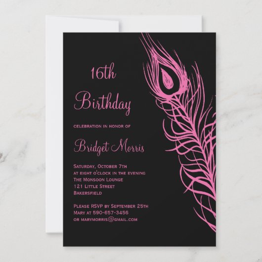 Fuchsia Feathers Sweet 16 Birthday Invitation Kaart (Voorkant)