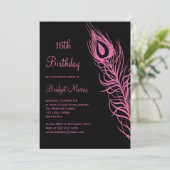 Fuchsia Feathers Sweet 16 Birthday Invitation Kaart (Staand voorkant)