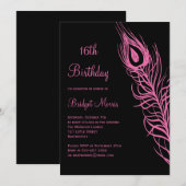 Fuchsia Feathers Sweet 16 Birthday Invitation Kaart (Voorkant / Achterkant)