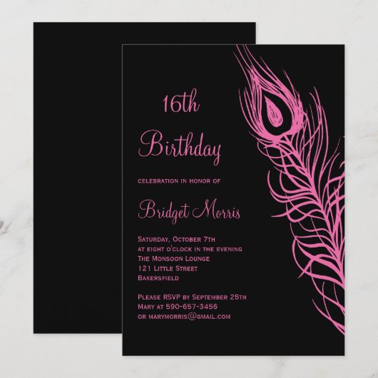 Fuchsia Feathers Sweet 16 Birthday Invitation Kaart (Voorkant / Achterkant)