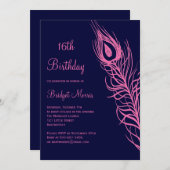 Fuchsia Feathers Sweet 16 Verjaardag uitnodiging (Voorkant / Achterkant)