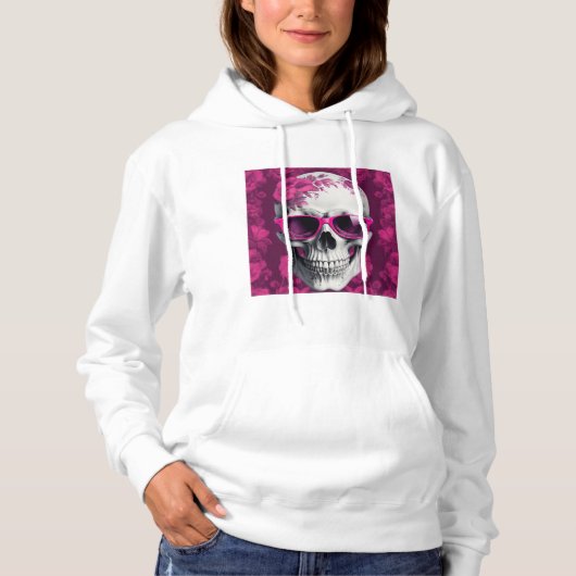 Fuchsia Floral 3D Dode schedel met zonnebril Hoodie (Voorkant)