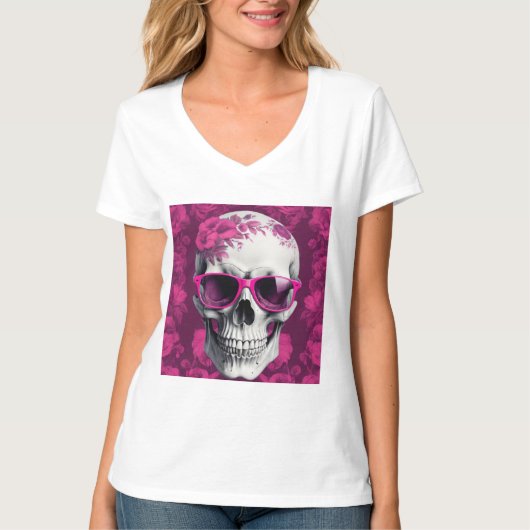 Fuchsia Floral 3D Dode schedel met zonnebril T-shirt (Voorkant)