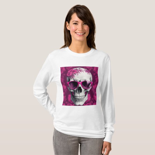 Fuchsia Floral 3D Dode schedel met zonnebril T-shirt (Voorkant volledig)
