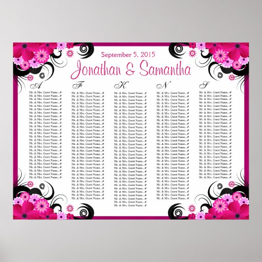 Fuchsia Floral A to Z Wedding Table Seating Chart Poster (Voorkant)