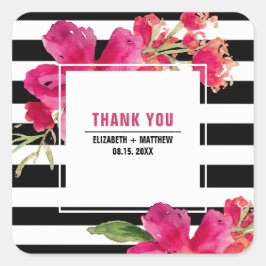 Fuchsia Floral Black Stripes Weddenschap Bedankt Vierkante Sticker