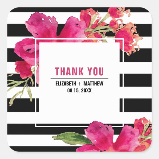 Fuchsia Floral Black Stripes Weddenschap Bedankt Vierkante Sticker (Voorkant)