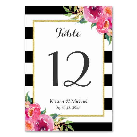 Fuchsia Floral Black White Stripes Table Number Kaart (Voorkant)