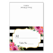 Fuchsia Floral Black White Stripes Wedde Place Kaart (Voorkant)