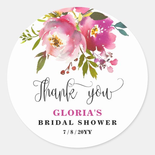 Fuchsia Floral  Bridal Shower  Ronde Sticker (Voorkant)