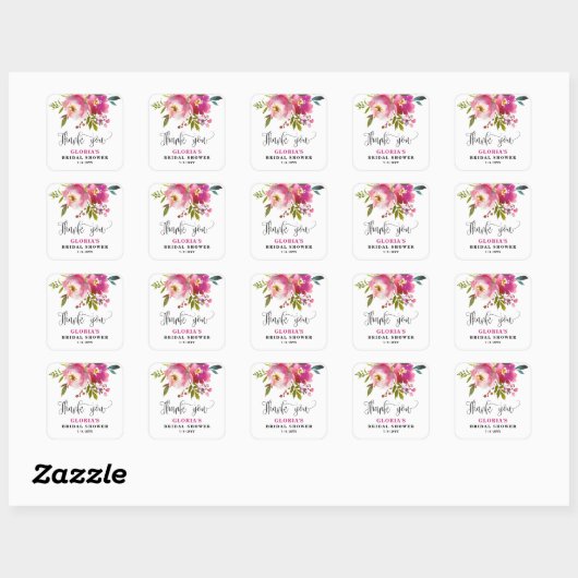 Fuchsia Floral  Bridal Shower  Vierkante Sticker (Vel)