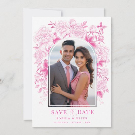 Fuchsia Floral Chinoiserie Bruiloft Save the Date Kaart (Voorkant)