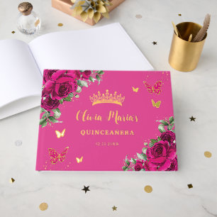 Fuchsia Floral Gold Quinceanera Sweet 16 Verjaarda Gastenboek