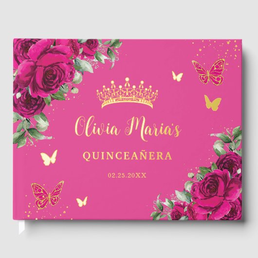 Fuchsia Floral Gold Quinceanera Sweet 16 Verjaarda Gastenboek (Voorkant)