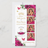 Fuchsia Floral Photo Booth Quinceanera QR code Save The Date (Voorkant)