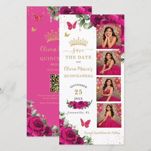 Fuchsia Floral Photo Booth Quinceanera QR code Save The Date (Voorkant / Achterkant)