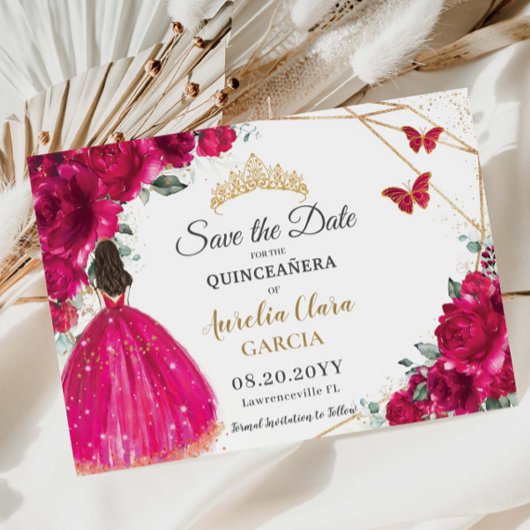 Fuchsia Floral Princess Quinceañera Bewaar de datu Save The Date