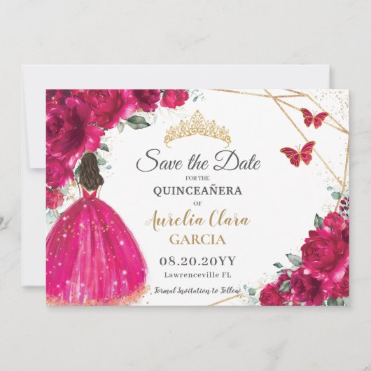 Fuchsia Floral Princess Quinceañera Bewaar de datu Save The Date (Voorkant)