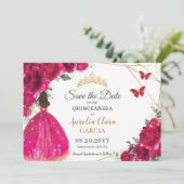 Fuchsia Floral Princess Quinceañera Bewaar de datu Save The Date (Staand voorkant)