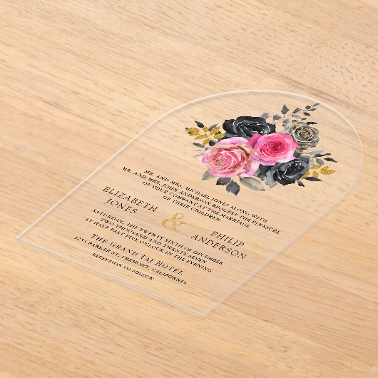 Fuchsia Floral Roses Black Wedding Acryl Uitnodigingen (Laagn)