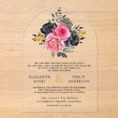 Fuchsia Floral Roses Black Wedding Acryl Uitnodigingen (Voorkant)