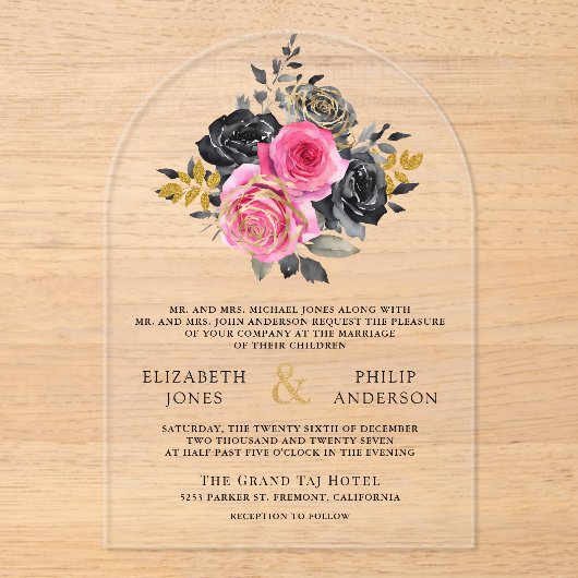Fuchsia Floral Roses Black Wedding Acryl Uitnodigingen (Voorkant)