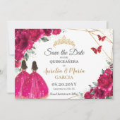 Fuchsia Floral Twins XV Quinceañera Bewaar de datu Save The Date (Voorkant)