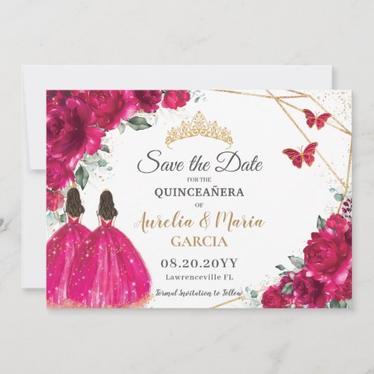 Fuchsia Floral Twins XV Quinceañera Bewaar de datu Save The Date (Voorkant)
