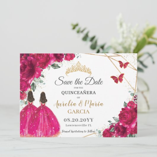 Fuchsia Floral Twins XV Quinceañera Bewaar de datu Save The Date (Staand voorkant)