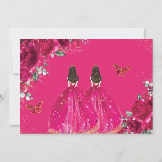 Fuchsia Floral Twins XV Quinceañera Bewaar de datu Save The Date (Achterkant)