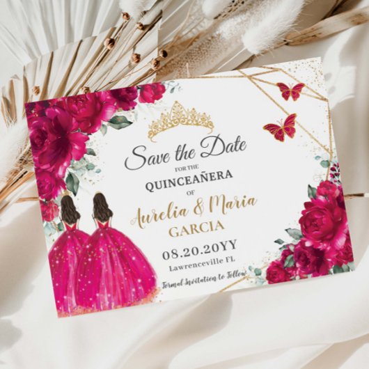 Fuchsia Floral Twins XV Quinceañera Bewaar de datu Save The Date