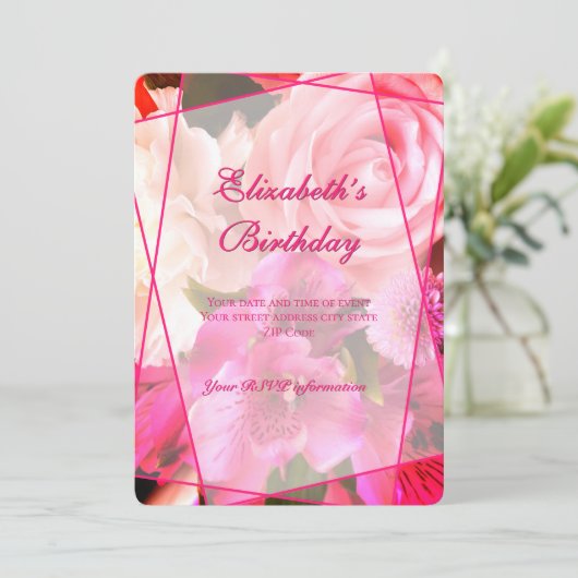 Fuchsia Florals Birthday Invitation Card Bedankkaart (Staand voorkant)