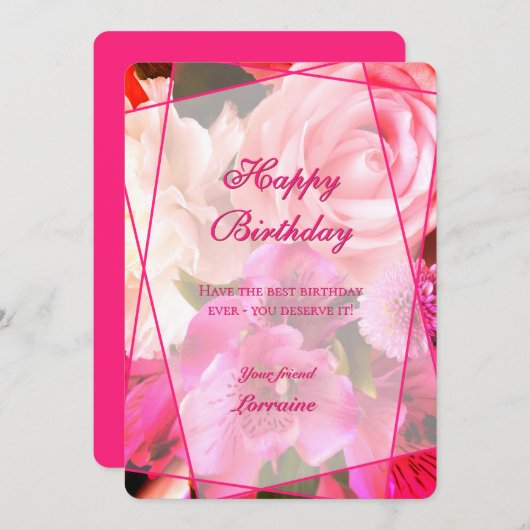 Fuchsia Florals Happy Birthday Card Bedankkaart (Voorkant / Achterkant)