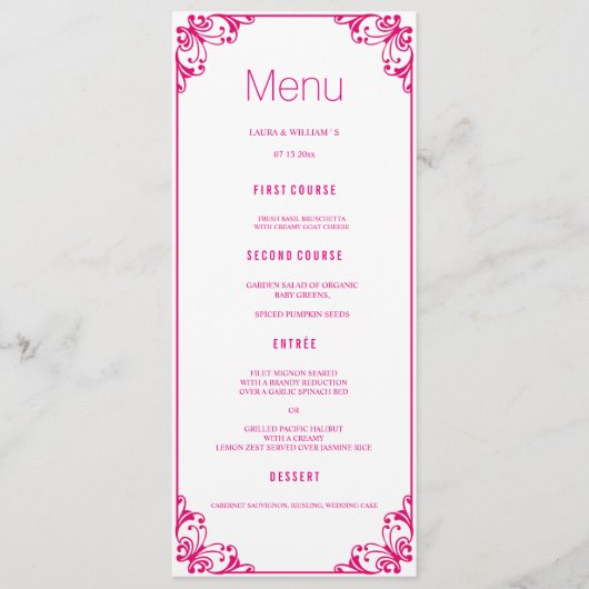 Fuchsia Flourish Wedding Dinner Menu Cards (Voorkant)