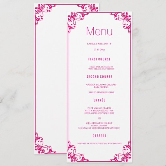 Fuchsia Flourish Wedding Dinner Menu Cards (Voorkant / Achterkant)