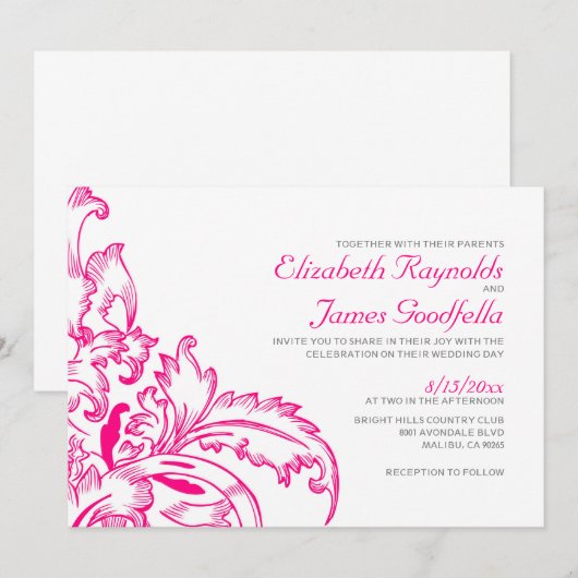 Fuchsia Flourish Wedding Invitations Kaart (Voorkant / Achterkant)
