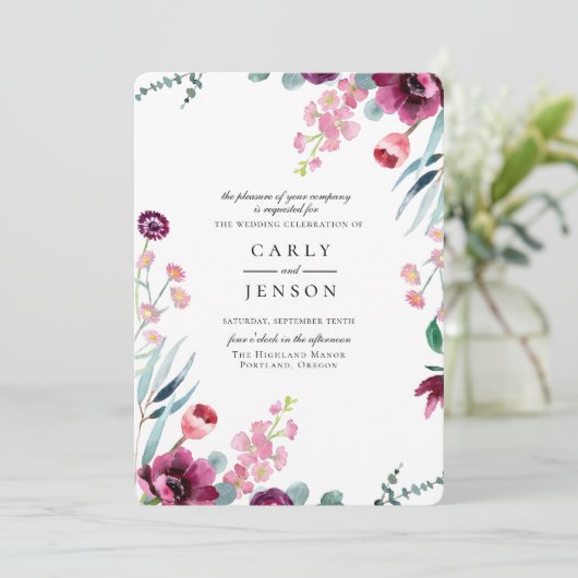 Fuchsia Garden Bloemen Huwelijksuitnodiging Kaart (Staand voorkant)