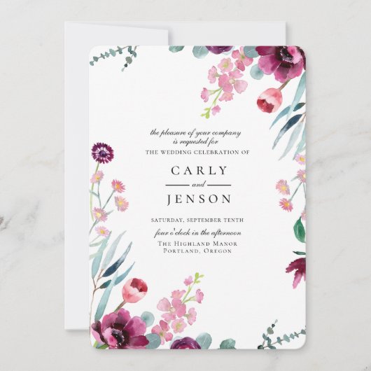 Fuchsia Garden Bloemen Huwelijksuitnodiging Kaart (Voorkant)
