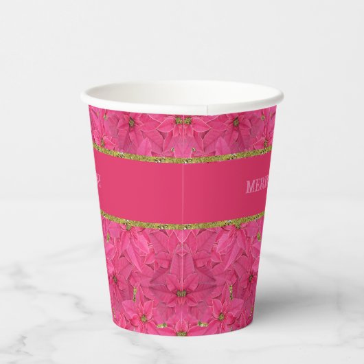 Fuchsia gekleurde poinsettias, bloemenpatroon op m papieren bekers (Rechts)
