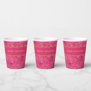 Fuchsia gekleurde poinsettias, bloemenpatroon op m papieren bekers